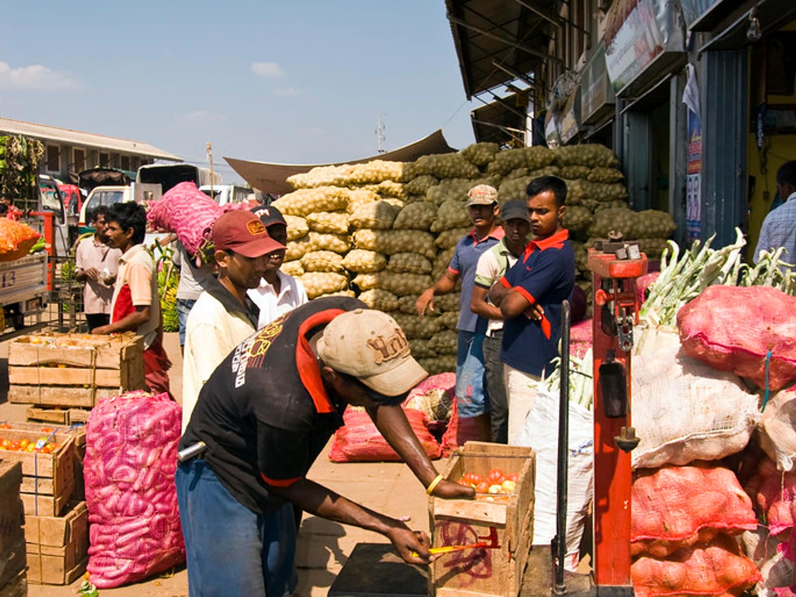 Traders working a wholesale produce market, crates and sacks stacked around them.